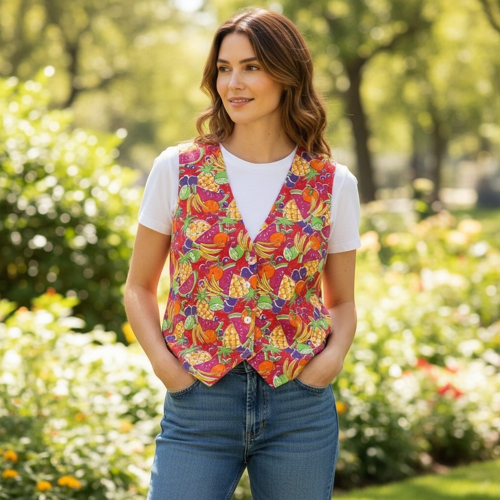 Colorful Fruit Print Button Down vest vintage
